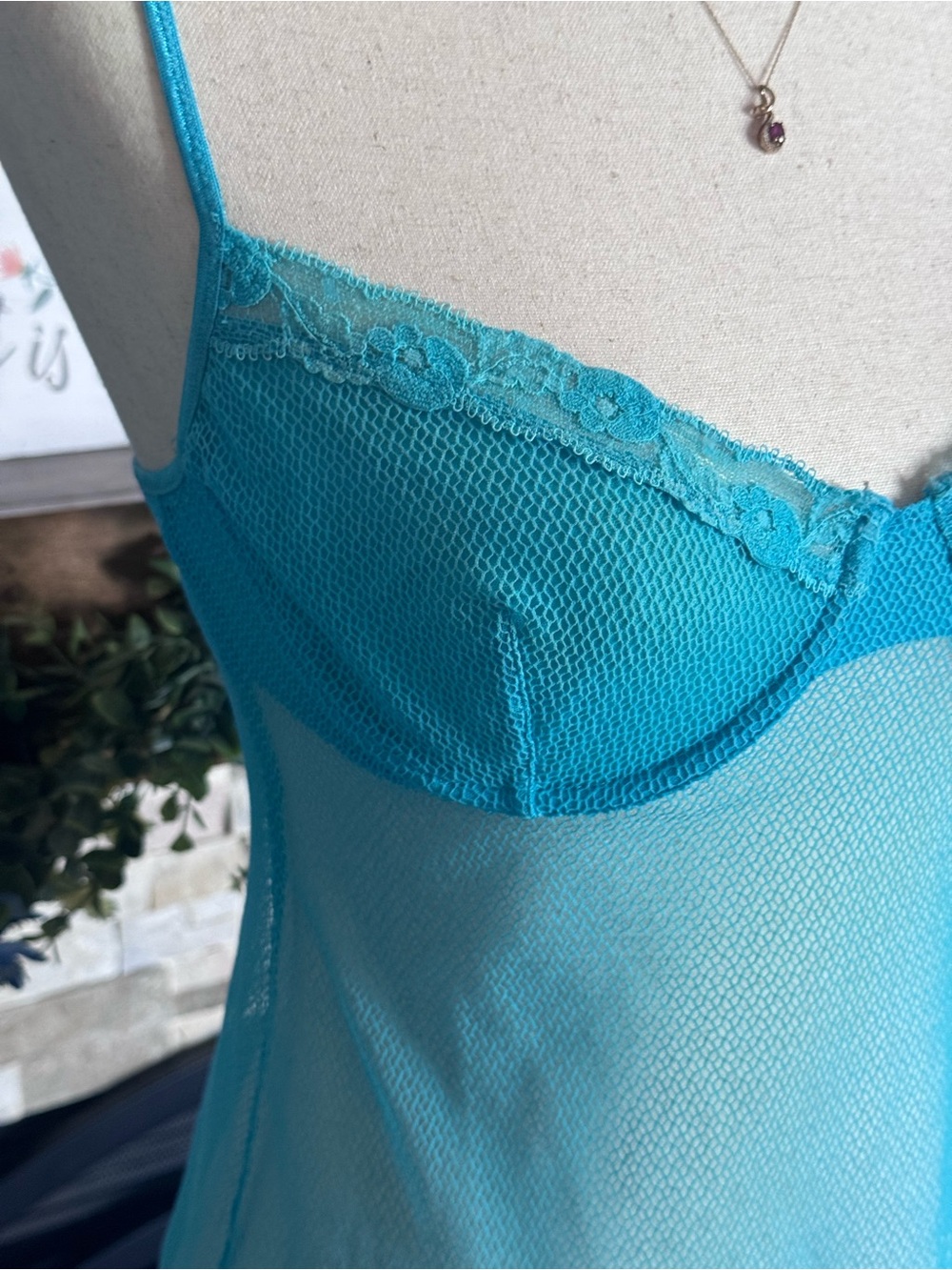 VTG Victoria’s Secret Aqua Blue Fishnet Underwire Babydoll Slip Dress 36C - Picture 5 of 11